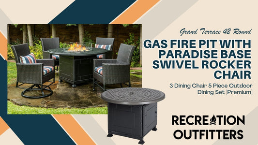 Grand Terrace 42" Round Gas Fire Pit With Paradise Base | Swivel Rocker Chair | 3 Dining Chair | 5 Piece Outdoor Dining Set [Premium] - Available at Recreation Outfitters