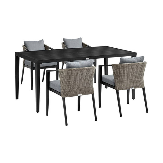 Armen Living - Aileen Outdoor Patio 5-Piece Dining Table Set in Aluminum and Wicker with Gray Cushions – 840254333345