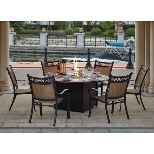 Darlee - Mountain View 7-Piece Patio Propane Fire Pit Dining Set with 60'' Round Fire Pit Dining Table and Fireglass - 201610-7PC-60GD