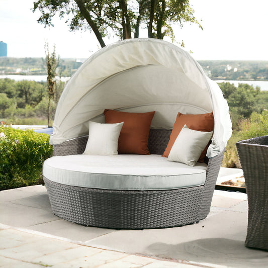 HomeRoots Outdoors Beige Fabric And Gray Wicker Patio Canopy Daybed and Ottoman Set