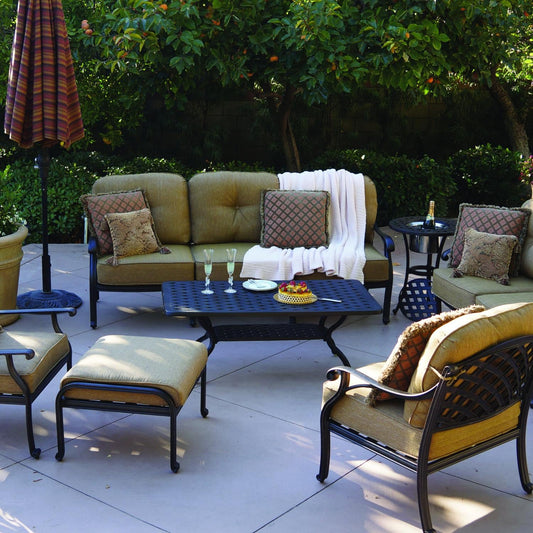 Darlee - Nassau 8-Piece Patio Deep Seating Conversation Set with Cushions and 21'' Square End Table, 26 x 48'' Rectangular Coffee Table, and 21'' Round Ice Bucket End Table - DL603-8PC-30RQALB