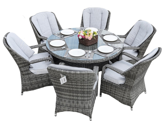 HomeRoots Outdoors - Cordella Grey 7-Piece Wicker Round Outdoor Dining Set With Grey Cushions - 389970