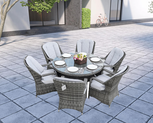 HomeRoots Outdoors - Cordella Grey 7-Piece Wicker Round Outdoor Dining Set With Grey Cushions - 389970