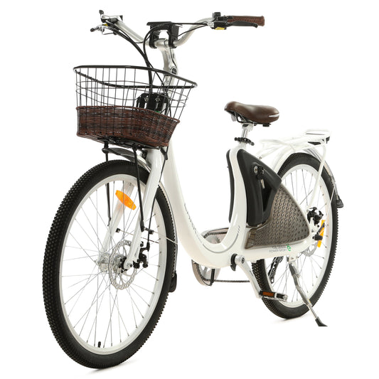 Ecotric 26inch White Lark Electric City Bike For Women with Basket and Rear Rack - NS-LAK26LCD-W