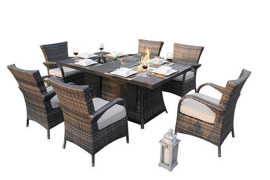 HomeRoots Outdoors - ELLE Gray 7-Piece Wicker Outdoor Dining Set With Gray Cushions Patio Fire Pits Table - 408287