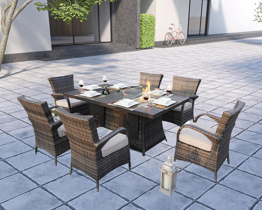 HomeRoots Outdoors - ELLE Gray 7-Piece Wicker Outdoor Dining Set With Gray Cushions Patio Fire Pits Table - 408287