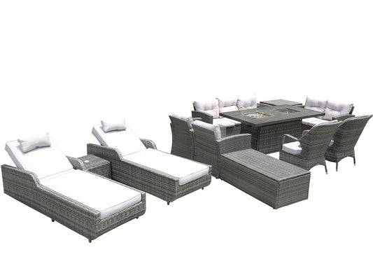 HomeRoots - Twelve Piece Outdoor Gray Wicker Multiple Chairs Seating Group Fire Pit Included With Cushions