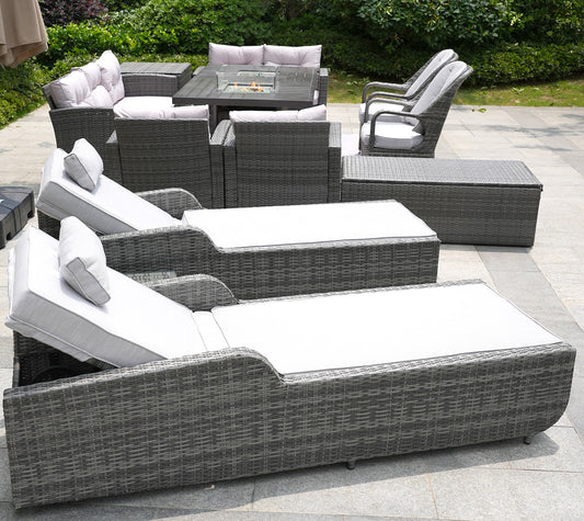 HomeRoots - Twelve Piece Outdoor Gray Wicker Multiple Chairs Seating Group Fire Pit Included With Cushions