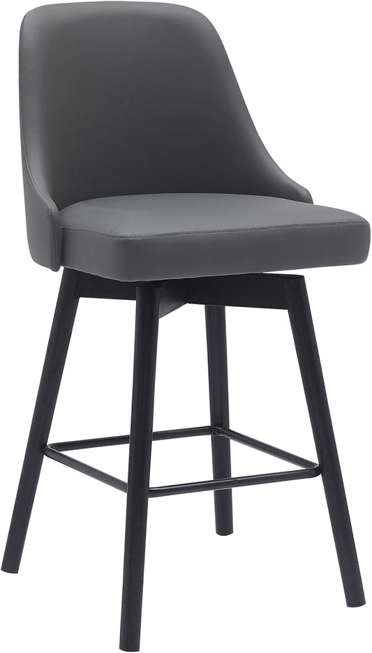 Aarmen Living - Sicily Modern Farmhouse 26" Seat Height Swivel Black Wood Bar Stool - Gray Faux Leather