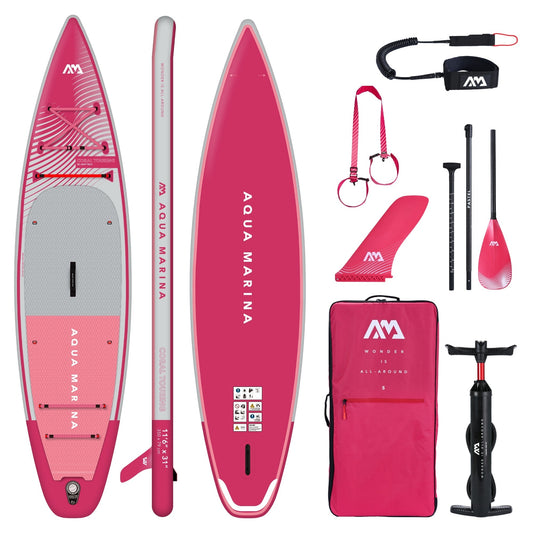Aqua Marina - Coral Touring (Raspberry) - Touring iSUP, 3.5m/15cm, with carbon/fiberglass hybrid PASTEL paddle, coil leash and carry strap | BT-23CTPR