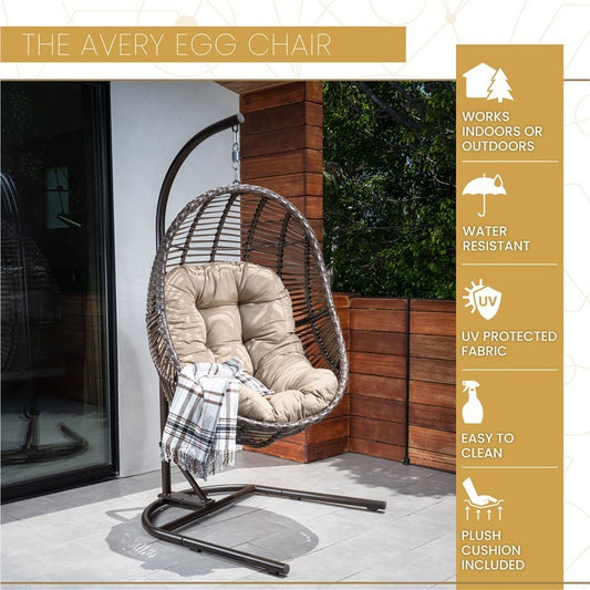 Mod Furniture - Avery Brown Wicker Hanging Egg Chair with Cushion - Brown | AVERYEGG-BRN