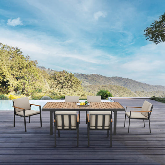 Armen Living - Nofi Outdoor Patio 7 Piece Dining Set in Charcoal Finish with Taupe Cushions