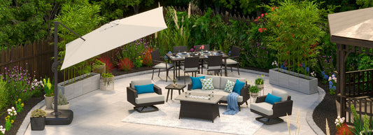 RST Brands - Portofino® Casual 13 Piece Sunbrella® Outdoor Patio Motion Seating & Dining Set With Fire Table & Umbrella | OP-PEEST13MFT-PORV