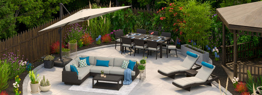 RST Brands - Portofino® Comfort 18 Piece Sunbrella® Outdoor Patio Sectional Seating & Dining Set With Umbrella | OP-PESS18-PORIII