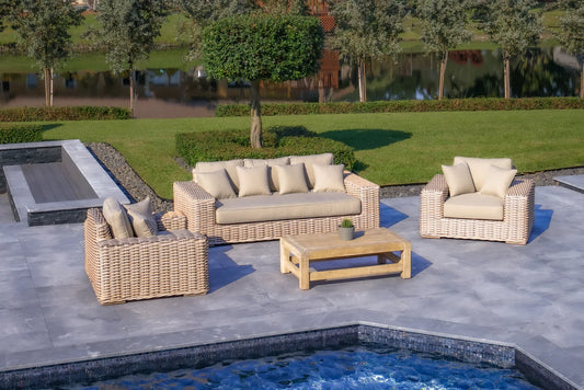 OUTSY - Anna Lux 4-Piece Outdoor Extra Deep Seating Wicker Aluminum Frame Furniture Set with Wood Coffee Table in White and Grey - 0AAN-R03-WH-R-LUX