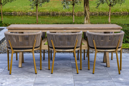 OUTSY - Santino + Melina 7-Piece Outdoor Dining Set - Wood Dining Table and 6 Rope Backing Chairs with Milk and Coffee Legs - 0ASAN-MEL-DIN-SET-GR