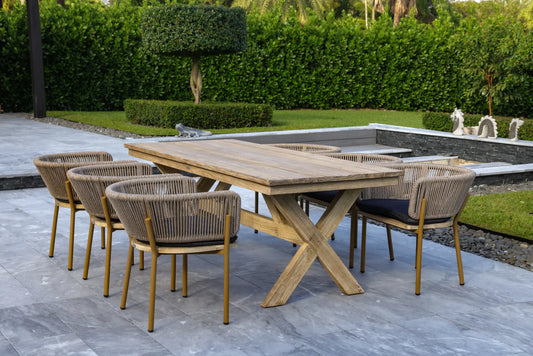 OUTSY - Santino + Melina 7-Piece Outdoor Dining Set - Wood Dining Table and 6 Rope Backing Chairs with Milk and Coffee Legs - 0ASAN-MEL-DIN-SET-GR