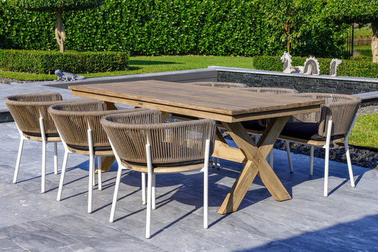 OUTSY - Santino + Melina 7-Piece Outdoor Dining Set - Wood Dining Table and 6 Rope Backing Chairs with White Legs - 0ASAN-MEL-DIN-SET-WH