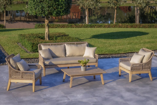 OUTSY - Solana 4-Piece Outdoor and Backyard Wood, Aluminum and Rope Furniture Set - 0ASOL-W10-GR-R