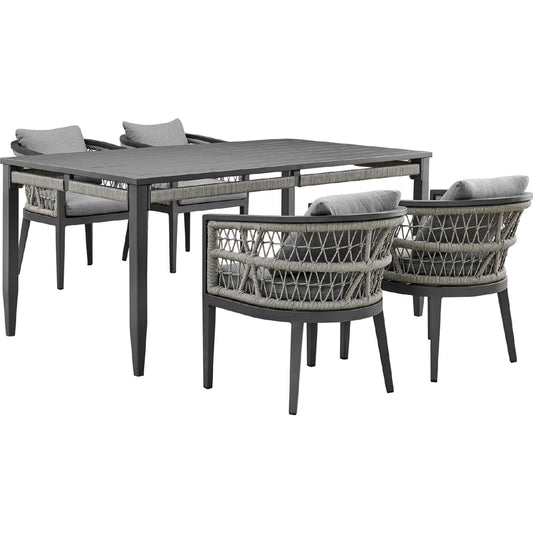 Armen Living - Zella Outdoor 5 Piece Dining Set in Aluminum, Light Gray Rope & Fabric