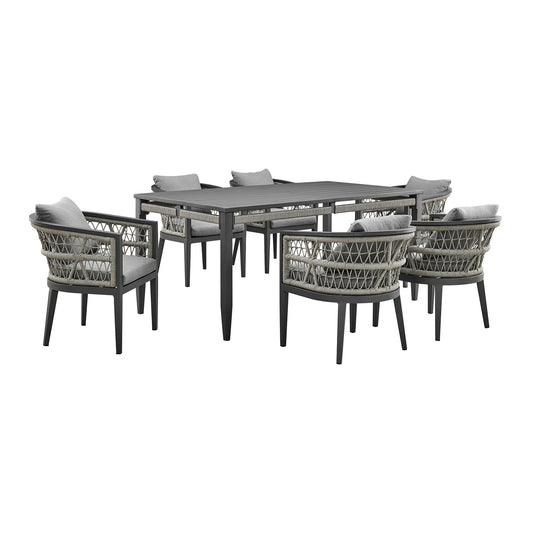 Armen Living - Zella Outdoor 7 Piece Dining Set in Aluminum, Light Gray Rope & Fabric - SETODZE7GRY