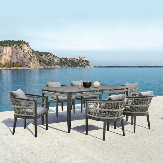Armen Living - Zella Outdoor 7 Piece Dining Set in Aluminum, Light Gray Rope & Fabric - SETODZE7GRY