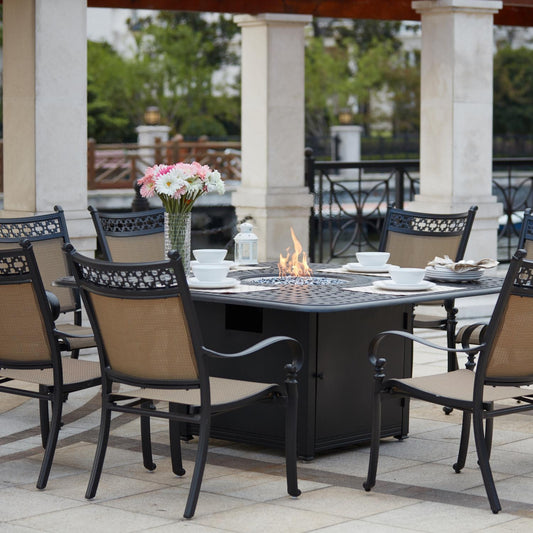 Darlee - Mountain View 9-Piece Patio Propane Fire Pit Dining Set with 64'' Square Fire Pit Dining Table and Fireglass - 201610-9PC-60GW