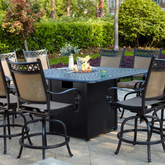 Darlee - Mountain View 9-Piece Patio Counter Height Propane Fire Pit Bar Set with 64'' Square Fire Pit Bar Table and Fireglass - 201610-9PC-60GHW