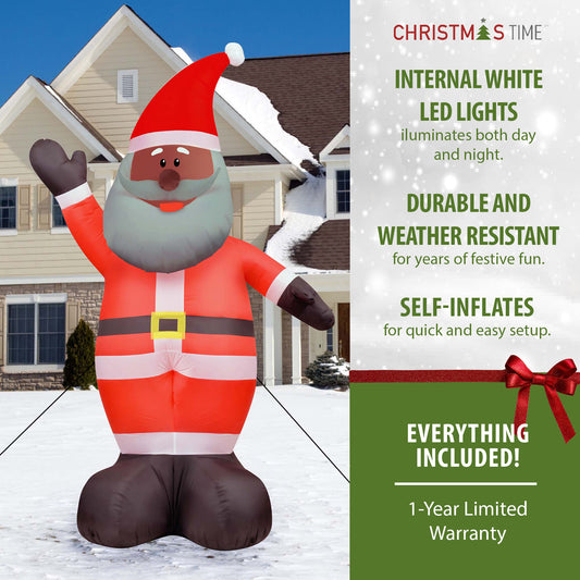 Christmas Time - 12-Ft. Tall African American Santa Claus, Prelit Outdoor Christmas Inflatable with Storage Bag - Red