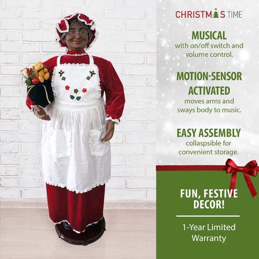 Christmas Time - 58-In. African American Dancing Mrs. Claus with Apron and Gift Sack, Animated Indoor Christmas Holiday Home Decor - Red