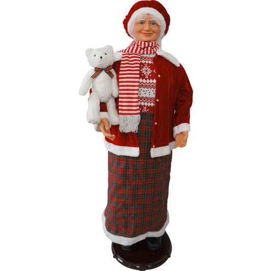 Christmas Time - 58-In. Dancing Mrs. Claus with Candy-Stripe Scarf and Teddy Bear, Animated Indoor Christmas Holiday Home Decor - Red