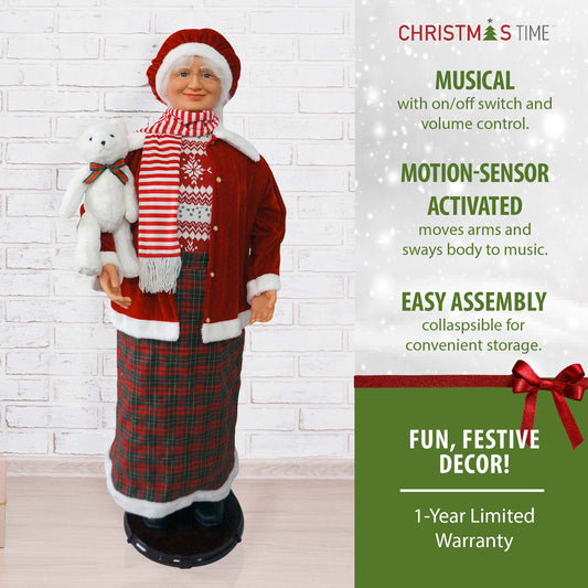Christmas Time - 58-In. Dancing Mrs. Claus with Candy-Stripe Scarf and Teddy Bear, Animated Indoor Christmas Holiday Home Decor - Red