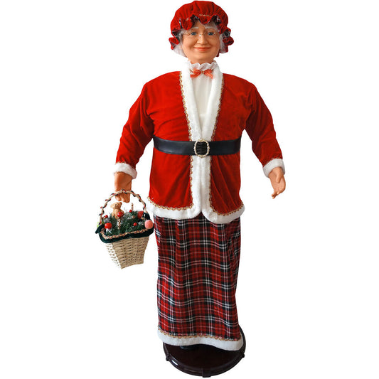 Christmas Time - 58-In. Dancing Mrs. Claus with Tartan Skirt and Gift Basket, Animated Indoor Christmas Holiday Home Decor - Red
