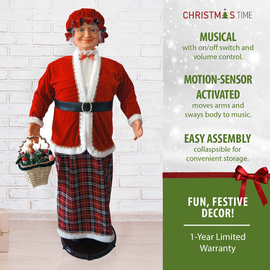 Christmas Time - 58-In. Dancing Mrs. Claus with Tartan Skirt and Gift Basket, Animated Indoor Christmas Holiday Home Decor - Red