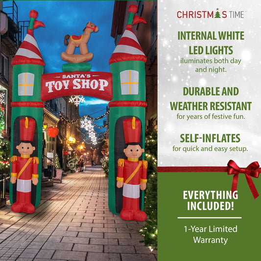 Christmas Time - 10-Ft. Santa's Toy Shop Archway w/ Toy Soldiers and Rocking Horse, Prelit Outdoor Christmas Inflatable with Storage Bag - Green