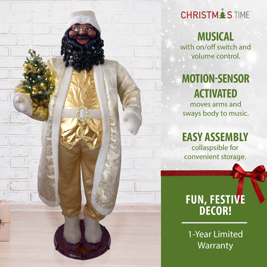 Christmas Time - 58-In. African American Dancing Santa Claus in Paisley Coat with Prelit Christmas Tree, Animated Indoor Holiday Home Decor - Gold