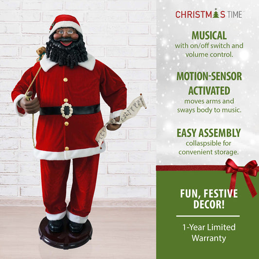 Christmas Time - 58-In. African American Dancing Santa Claus with Naughty & Nice List, Animated Indoor Christmas Holiday Home Decor - Red