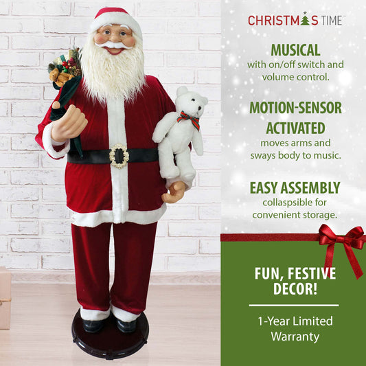 Christmas Time - 58-In. Dancing Santa Claus with Teddy Bear, Animated Indoor Christmas Holiday Home Decor - Red