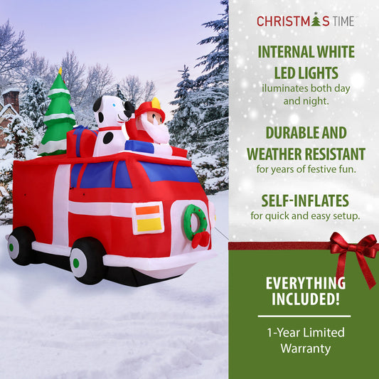 Christmas Time - 7-Ft. Pre-Lit Inflatable Santa Claus in a Fire Truck Outdoor Christmas Decoration - Red