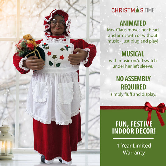 Christmas Time - 3-Ft. African American Music and Motion Mrs. Claus with Apron, Animated Indoor Christmas Holiday Home Decor - Red