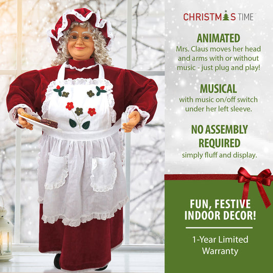 Christmas Time - 3-Ft. Music and Motion Baking Mrs. Claus with Apron and Christmas Cookies, Animated Indoor Holiday Home Decor - Red