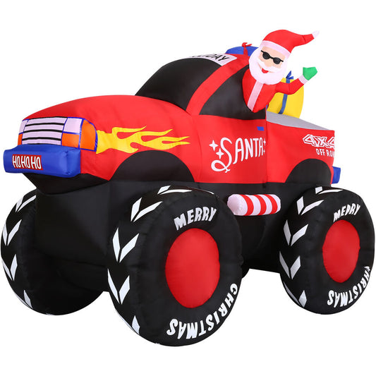 Christmas Time - 7-Ft. Wide Pre-Lit Inflatable Santa Claus in a Monster Truck Outdoor Christmas Decoration - Red
