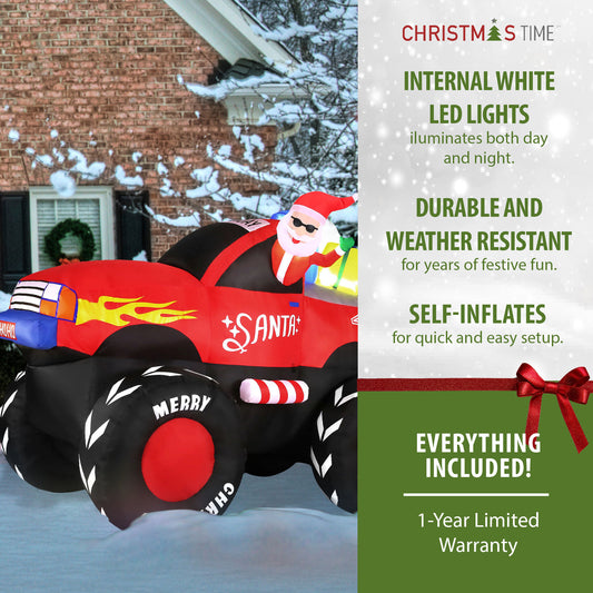 Christmas Time - 7-Ft. Wide Pre-Lit Inflatable Santa Claus in a Monster Truck Outdoor Christmas Decoration - Red
