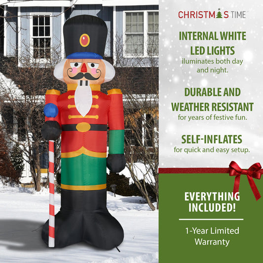 Christmas Time - 10-Ft. Tall Traditional Nutcracker, Prelit Outdoor Christmas Inflatable with Storage Bag - Red