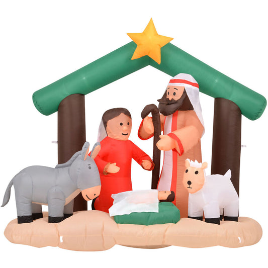 Christmas Time - 7-Ft. Wide Nativity with Mary, Joseph, Baby Jesus, and Animals, Prelit Outdoor Christmas Inflatable with Storage Bag - Multi