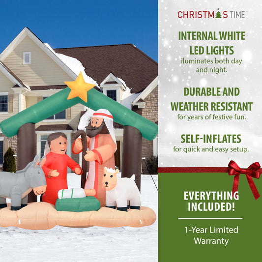 Christmas Time - 7-Ft. Wide Nativity with Mary, Joseph, Baby Jesus, and Animals, Prelit Outdoor Christmas Inflatable with Storage Bag - Multi