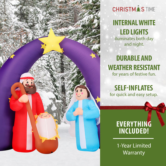 Christmas Time - 7-Ft. Wide Pre-Lit Inflatable Nativity Scene Outdoor Christmas Decoration - Red