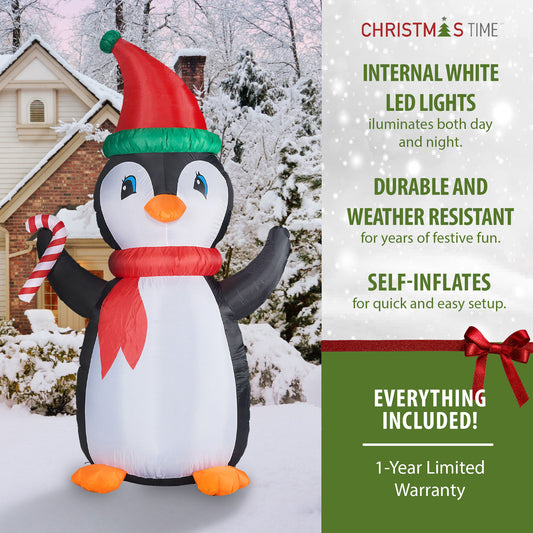 Christmas Time - 10-Ft. Tall Penguin with RGB Lights and Storage Bag, Prelit Outdoor Christmas Inflatable - Black/White