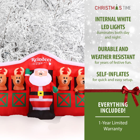Christmas Time - 4-Ft. Pre-Lit Inflatable Santa Claus in a Reindeer Stable Outdoor Christmas Decoration - Red
