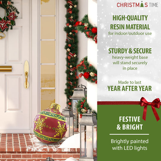 Christmas Time - 18-In. Resin Oversized Christmas Ornament w/ Snowflake Pattern and LED Lights, Indoor or Covered Outdoor Holiday Decor, Red - Red